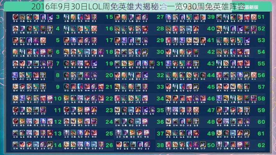 2016年9月30日LOL周免英雄大揭秘：一览930周免英雄阵容